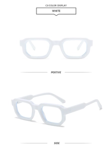Detail view of retro white square thick frame glasses from front and side angles