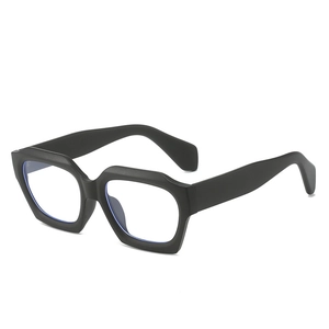 Fashionable matte black chunky geometric eyeglasses with blue light blocking lenses