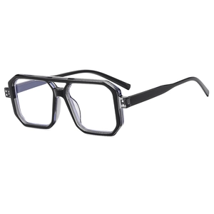 Retro oversized aviator polygon frame glasses with black dual-bridge and blue light lenses