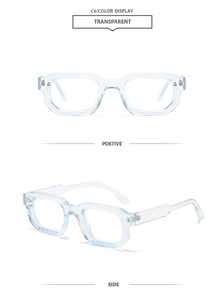 Detailed front and side view of transparent square frame glasses in polished acetate