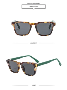 Detail view of square tortoiseshell sunglasses with green temples and dark gray lenses