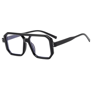 Retro geometric oversized black glasses frame with double bridge and blue light lenses