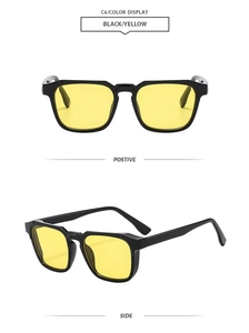 Detailed views of classic square sunglasses with black frames and yellow lenses