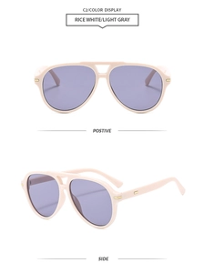 Front and side views of vintage aviator sunglasses with rice white frames and purple lenses
