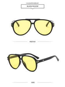 Classic pilot sunglasses with black frame and yellow lenses showing front and side views