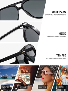 Detailed close-up of aviation sunglasses nose pads and hinge with outdoor lifestyle views