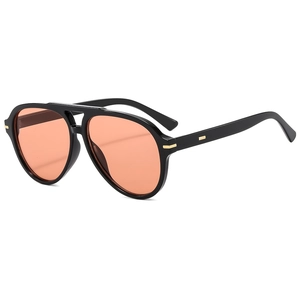 Classic pilot sunglasses with black bold frames and translucent orange-red lenses