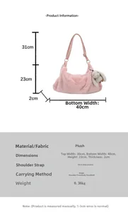 Pink plush shoulder bag with cute bunny pendant showing detailed size and weight specs