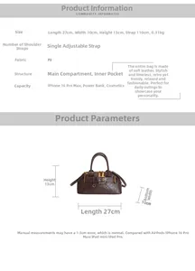 Detailed size chart and material specifications for retro PU leather bowling handbag