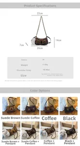 Size chart for minimalist baguette bag showing PU material and multi-color options