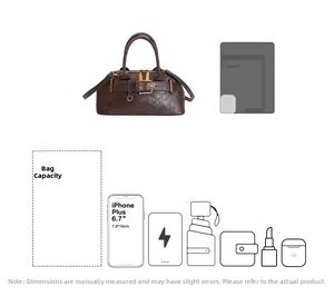 Detail view of brown vintage handbag capacity with icons for daily essentials storage