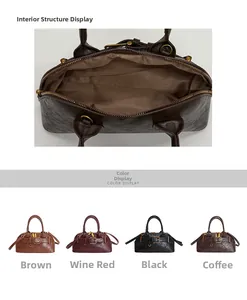 Detail of vintage shell bag interior with zipper and four available color options
