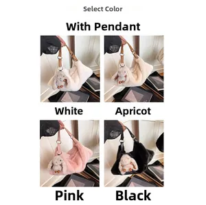Detail view of four plush faux fur handbags in white, apricot, pink, and black colors