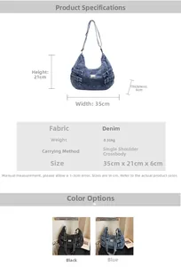 Spécifications détaillées des dimensions du grand sac hobo en denim au style vintage
