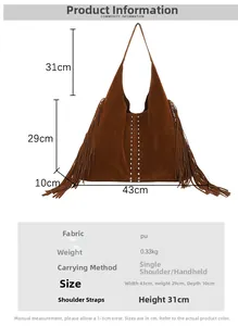 Brown fringe tote bag dimensions 43x29cm with rivet details and suede texture