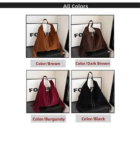 Hobo bag colors in brown, coffee, wine red, and black with tassels and studs