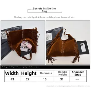 Size chart and capacity detail of brown suede tote bag with fringe and silver stud accents