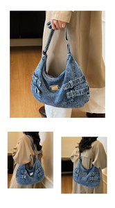 Détails du grand sac cabas en denim bleu avec lanières décoratives et boucles métal