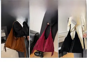 Detailed comparison of large suede tote bags with fringe accents in brown, burgundy, and black