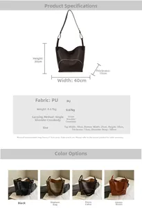 Detailed size specifications and color options for the large capacity bucket bag
