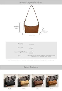 Tableau des tailles détaillé et options de couleurs pour le sac hobo minimaliste en daim