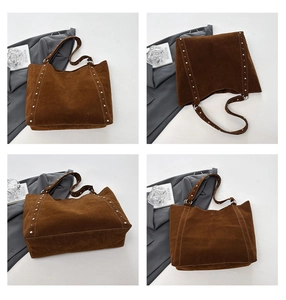 Vues multiples d'un sac cabas en daim marron avec rivets argentés et grand volume