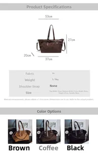 Dimensions détaillées du grand sac cabas vintage en coloris marron, café et noir mat