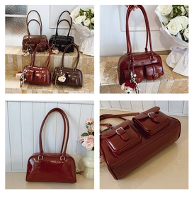 Vues détaillées de sacs à bandoulière en cuir verni vintage en bordeaux, marron et noir