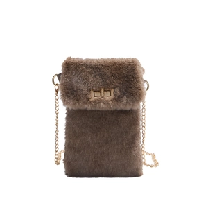 Mini sac de téléphone en fausse fourrure marron foncé avec chaîne dorée élégante