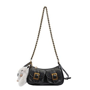 Retro black dumpling bag with chain strap, front pockets and plush rabbit pendant
