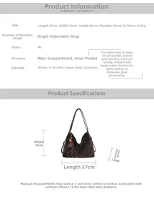 Detaillierte Größentabelle für Retro-PU-Tasche mit Maßen 37x12x26cm und Kapazitätsinfo