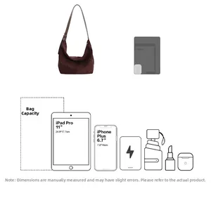 Detail view of the large capacity dark brown suede Hobo bag with item size comparison