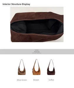 Detail view of large suede tote bag interior structure and vintage color options
