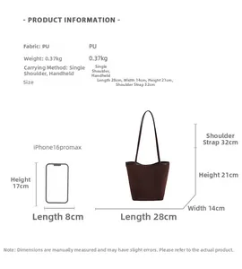 Detail page showing dimensions and capacity of a brown PU leather bucket tote bag