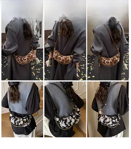 Collage of model wearing cow print half-moon crossbody bags with gold chain details
