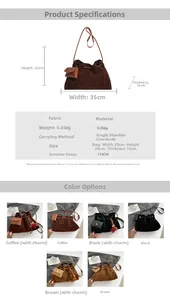 Detailed chart showing faux suede bucket bag dimensions and color options in brown and black