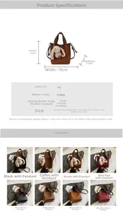 Tableau des tailles du sac seau en cuir PU avec dimensions et quatre coloris disponibles