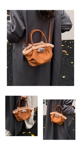 Close-up of brown suede bucket bag with beige faux fur trim and silver turn-lock detail