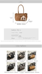 Detailed size specifications for large PU leather tote bag with rabbit charm detail