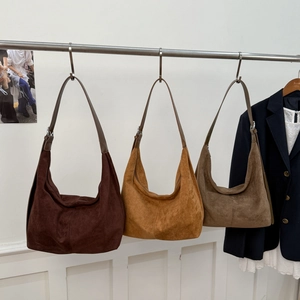 Retro matte suede hobo bags in dark brown, caramel, and olive green with leather straps