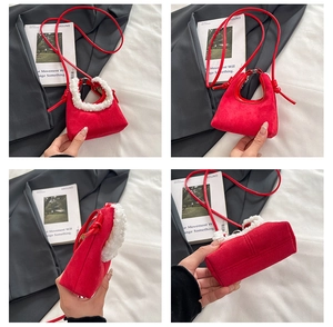 Detailed four-way views of a red faux suede crossbody bag with soft white faux fur trim