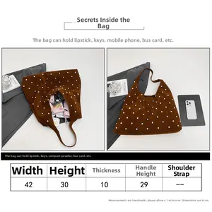 Guide des tailles pour sac cabas en daim marron avec rivets et perles et vue intérieure