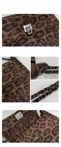 Detail of leopard print faux suede texture and metallic twist lock on chain crossbody bag