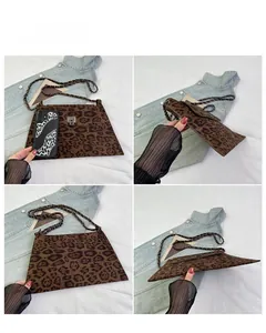 Detailed views of leopard print chain bag showing slim profile and inner space