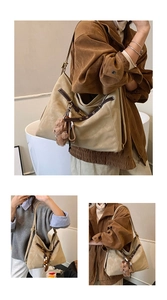 Detailed views of a large retro tote bag with brown trim and cute plush bear charm