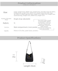 Size chart showing large and small PU leather bucket bags with exact dimensions