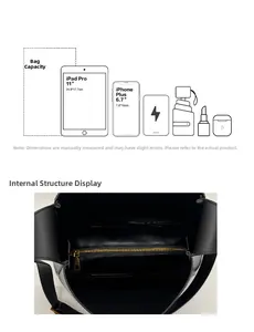 Interior layout of the black matte leather bucket bag fitting an 11-inch tablet