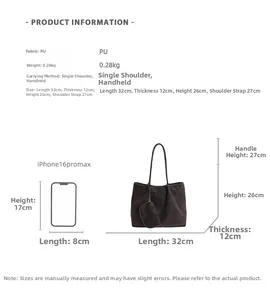 Size chart showing large capacity PU leather tote bag dimensions and strap length