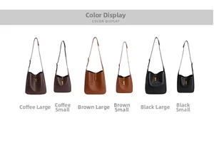 Detailed comparison of large and small soft leather bucket bags in three classic colors