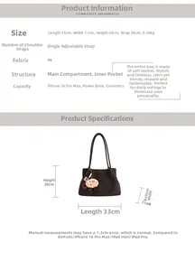 Size chart showing 33x11x20cm dimensions for a retro matte shoulder bag with fuzzy charm